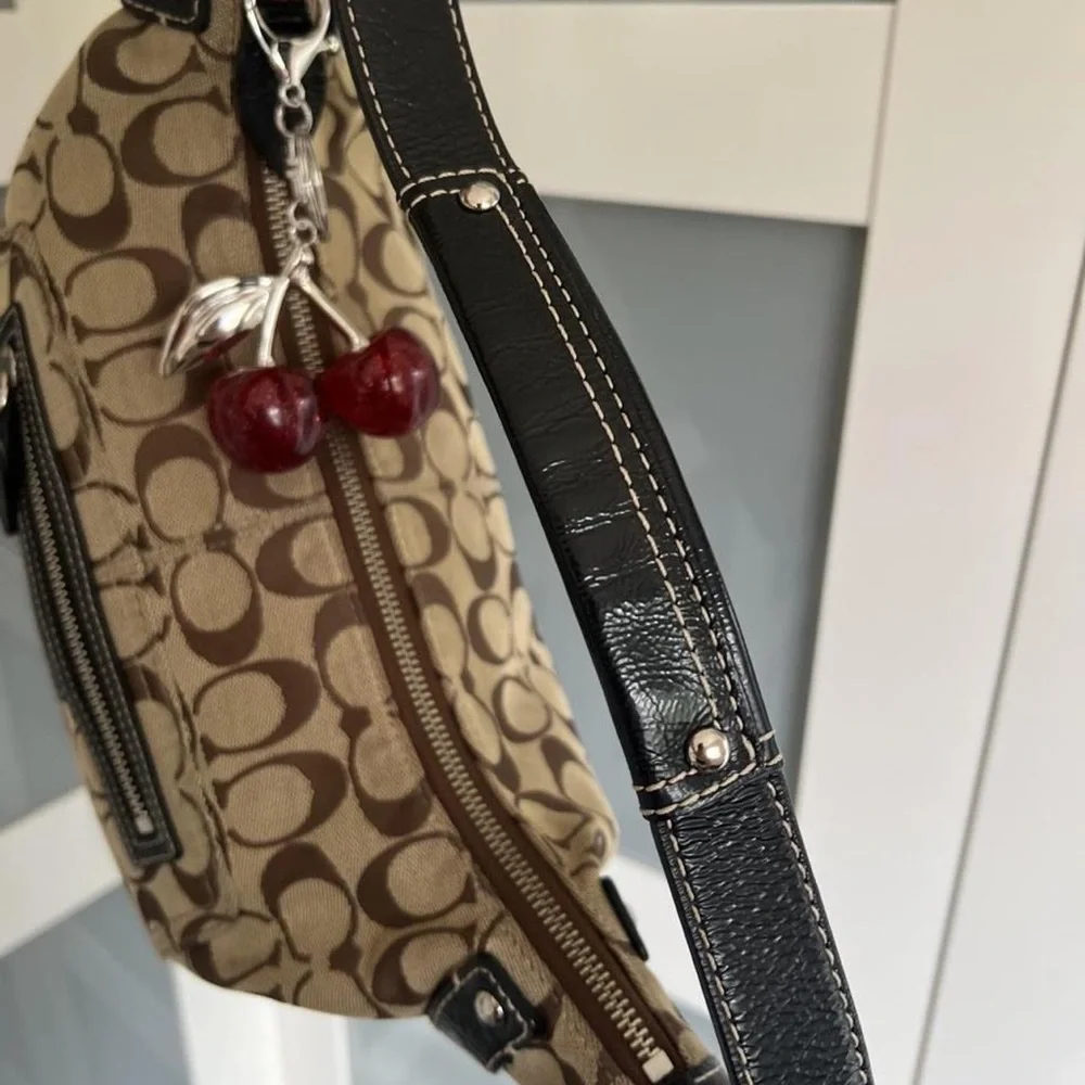 Coach Brown Signature Canvas Shoulder Bag with Black Trim